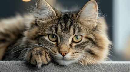 A close-up of a fluffy tabby cat resting with an intense gaze