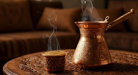 Copper Turkish Coffee Pot And Cup On Wooden Table