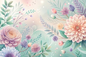A Serene Arrangement of Pastel Blossoms and Delicate Foliage, a Dreamlike Floral Composition in Soft Hues
