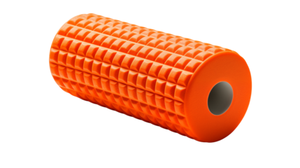 An orange textured foam roller isolated on a black background