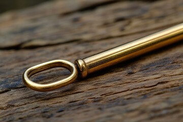 A golden metal tool lying on a weathered wooden surface