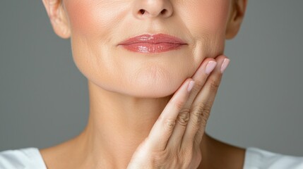 Close-up of a woman gently touching her face with a serene expression