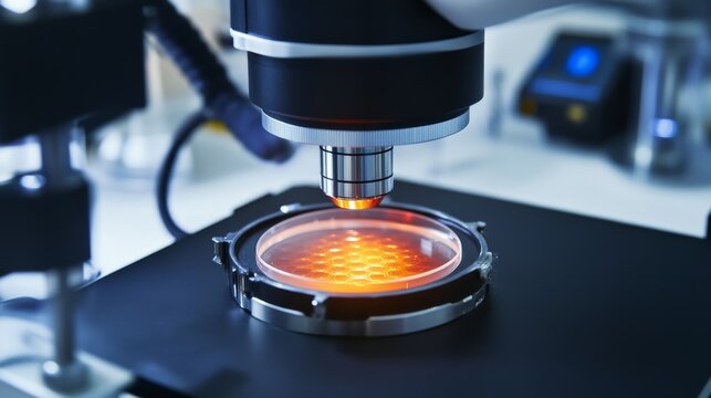 A scientist working with AI to develop next gen materials in a futuristic nanotech lab, atomic-level material synthesis, high-precision digital controls