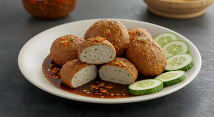 Fototapeta premium Appetizing Fishcake Bites with Cucumber Slices and Brown Sauce