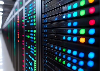 Data center server racks with colorful lights.