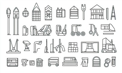 Various construction and industrial equipment line icons.  Detailed illustrations of different tools and machinery used in various construction and industrial sectors
