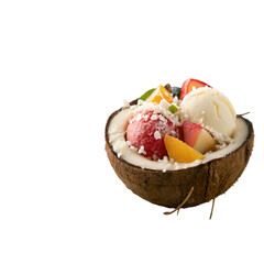 Delicious fruit ice cream served in a coconut bowl. white background
