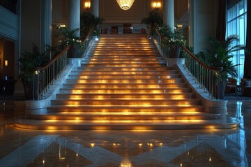 Obraz premium A grand staircase illuminated with warm lighting leads upward gracefully