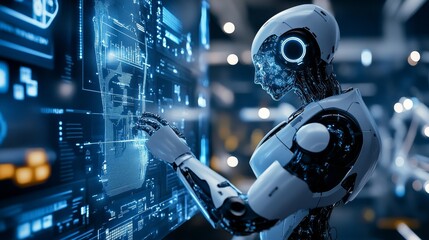 A self learning AI robot analyzing data on a futuristic transparent screen, advanced AI interface, blue neon-lit workspace