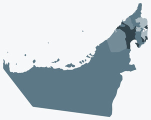 Map of United Arab Emirates with regions. Just a simple country border map with region division. Blue grey color palette. Flat United Arab Emirates shape with administrative division.