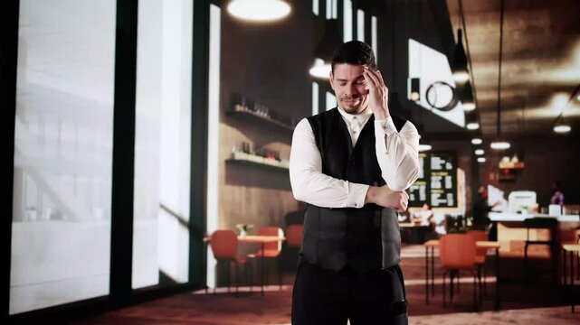 Sad Bartender In Cafe Or Restaurant