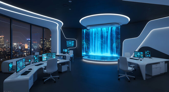 Futuristic Control Room With Illuminated Waterfall And City View