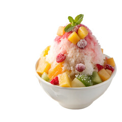 Delicious colorful shaved ice dessert in a white bowl. white background