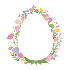 Floral Easter egg frame vector illustration with colorful spring flowers in pastel shades, forming a decorative wreath-like border on a white background, perfect for greeting cards and festive designs