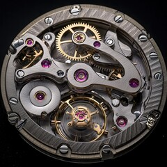 Close-up of intricate mechanical watch movement with gears and jewel bearings
