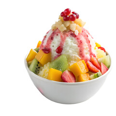 Delicious colorful shaved ice dessert in a white bowl. white background
