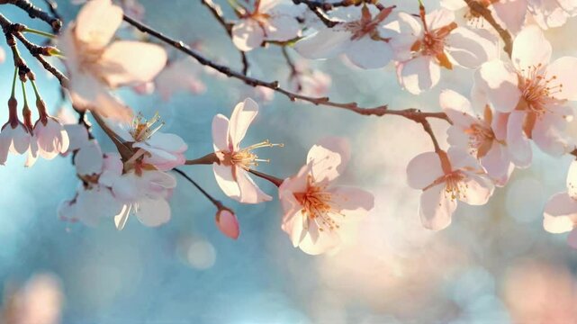 Close-up video shot of delicate cherry blossoms against a soft-focus background, capturing a serene and dreamy springtime atmosphere. Live desktop wallpaper.
