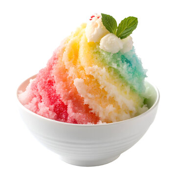 Delicious colorful shaved ice dessert in a white bowl. white background
