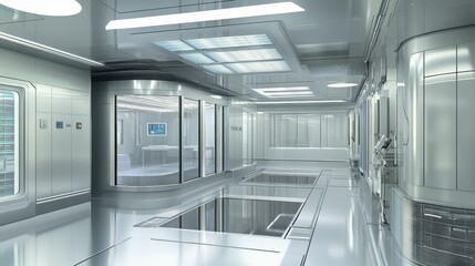 Cleanroom in Advanced Semiconductor Production Facility with Overhead Wafer Transfer System