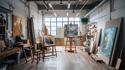 Sunlit Artist Studio with Paintings and Supplies