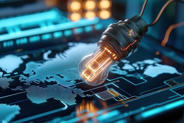 Nuclear power energy grid generation Lightbulb illuminated on a digital world map background.