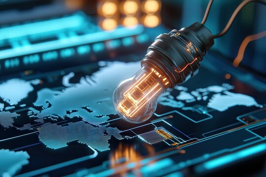 Nuclear power energy grid generation Lightbulb illuminated on a digital world map background.