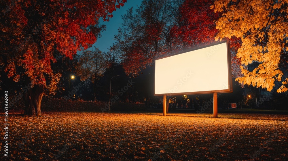 Poster an empty billboard in the middle of an autumn park, surrounded by golden and red leaves under a clea