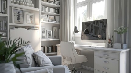 Contemporary Home Office with Desk and Computer in Light-Filled Room