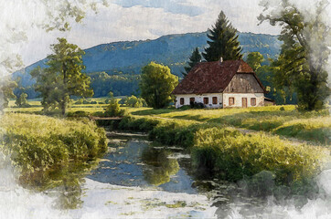 Obraz premium Summer village landscape, house, field and trees. Watercolor illustration generated by AI.