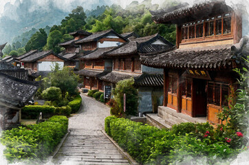 Chinese village in the mountains in summer. Watercolor illustration generated by AI.