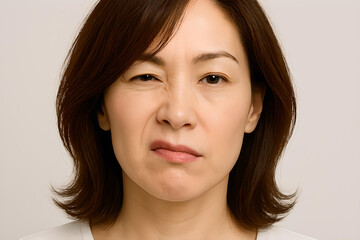 A middle-aged East Asian woman exhibits hemifacial spasm, with one side of her face involuntarily contracted, including a tightly shut eye and asymmetric mouth movement.