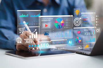 SEO Optimization, web analytics and SEO marketing social media concept. SEO Search Engine Analysis on digital marketing. Businessman using laptop with Ad dashboard for Strategy and Planing website