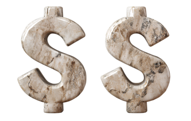 Two dollar sign symbols made of stone, transparent background 