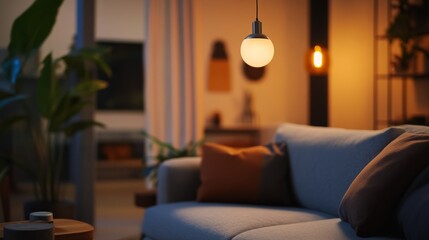 A smart thermostat controlling room temperature, modern living room background with clean lines and ambient lighting, Home-tech style