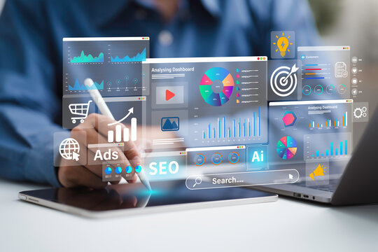 SEO Optimization, web analytics and SEO marketing social media concept. SEO Search Engine Analysis on digital marketing. Businessman using laptop with Ad dashboard for Strategy and Planing website