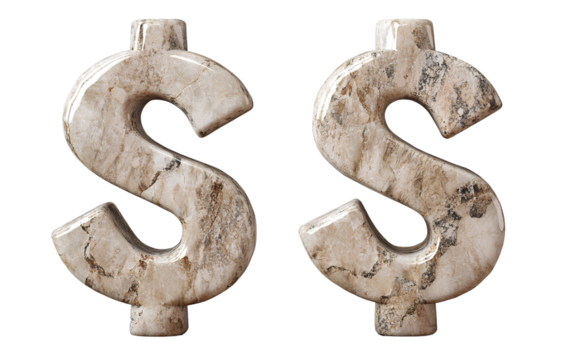 Two dollar sign symbols made of stone, transparent background