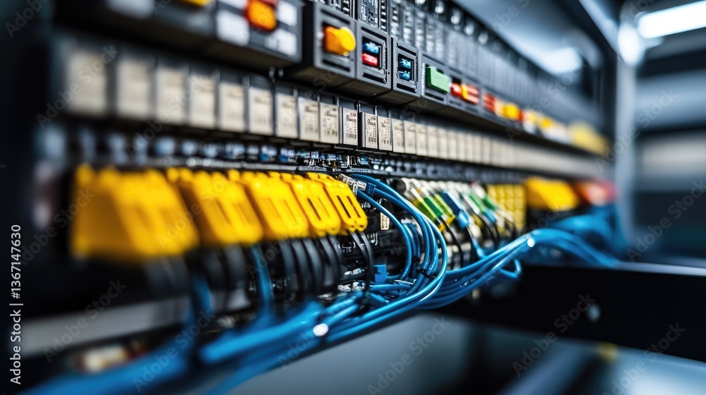 Poster An intricate control panel featuring meticulously color-coded wiring and organized cable channels, ensuring optimal connectivity and streamlined operations in a high-tech setting