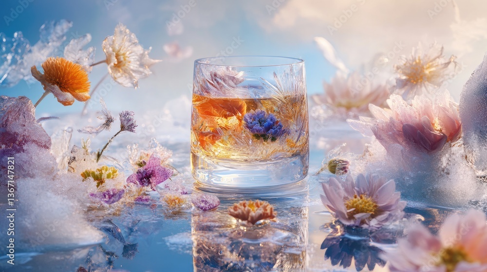 Poster an ultra-realistic surreal still life of a clear elixir in a floating glass, surrounded by frozen ed