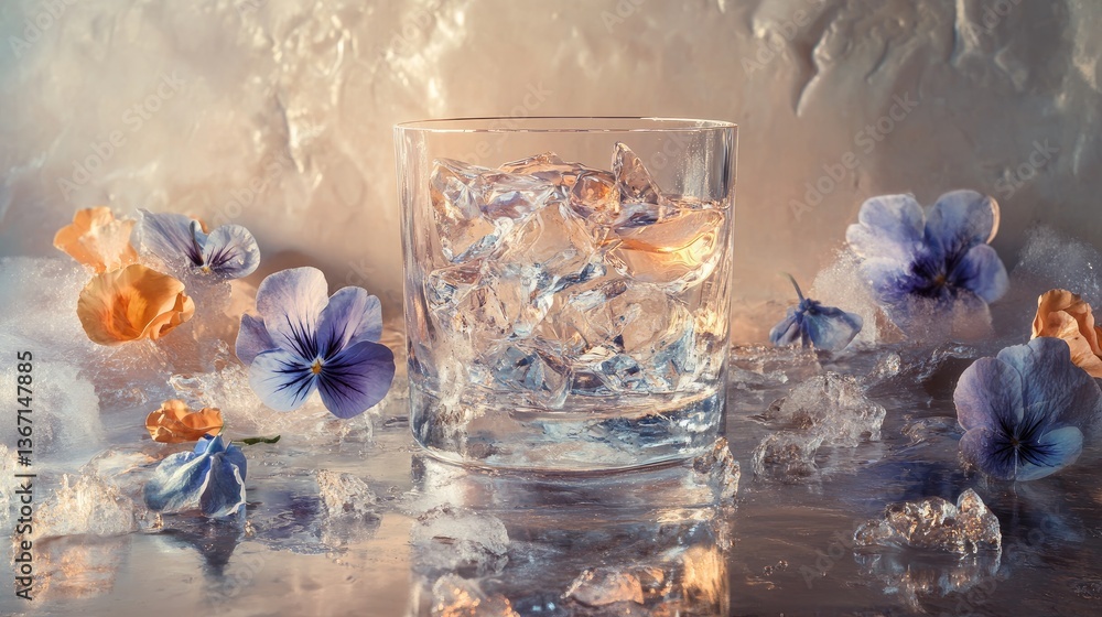 Poster an ultra-realistic surreal still life of a clear elixir in a floating glass, surrounded by frozen ed