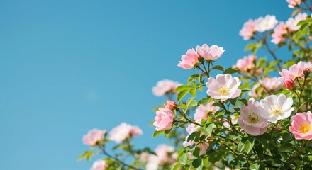 Fototapeta premium A close-up of rosehip flowers with soft pink petals and yellow centers, alongside red rosehips, under a clear blue sky