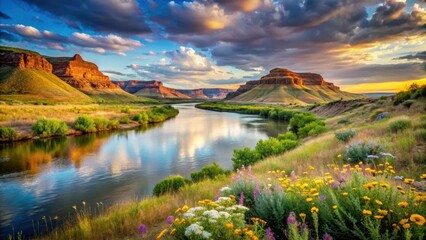 Serene Sunset Over a River Winding Through a Picturesque Canyon Landscape with Vibrant Wildflowers