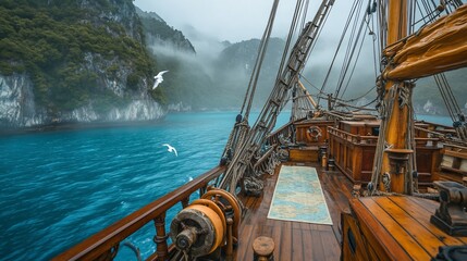 Nautical exploration amidst misty islands: voyage on a classic wooden tall ship