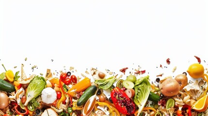 Creative layout of fresh ingredients promoting stop food waste day awareness. Horizontal banner. Copy space