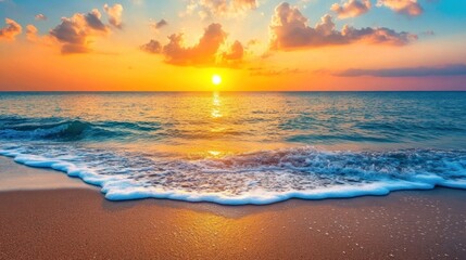 Fototapeta premium Stunning sunset over the ocean. Waves gently lap the sandy shore