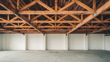 Empty warehouse interior exposed wooden trusses white walls concrete floor