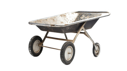 Transparent background, isolated png. Dirty Wheelbarrow with Mud Stains on Black and Gray Metal Frame