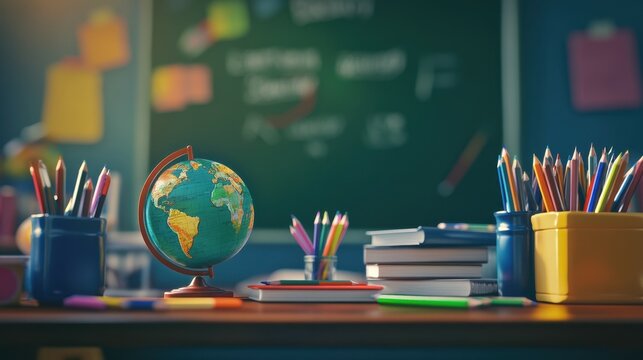 Colorful school desk with pencils, colored pencils, books, and a world globe, set against a softly blurred blackboard, representing primary education and backtoschool vibes