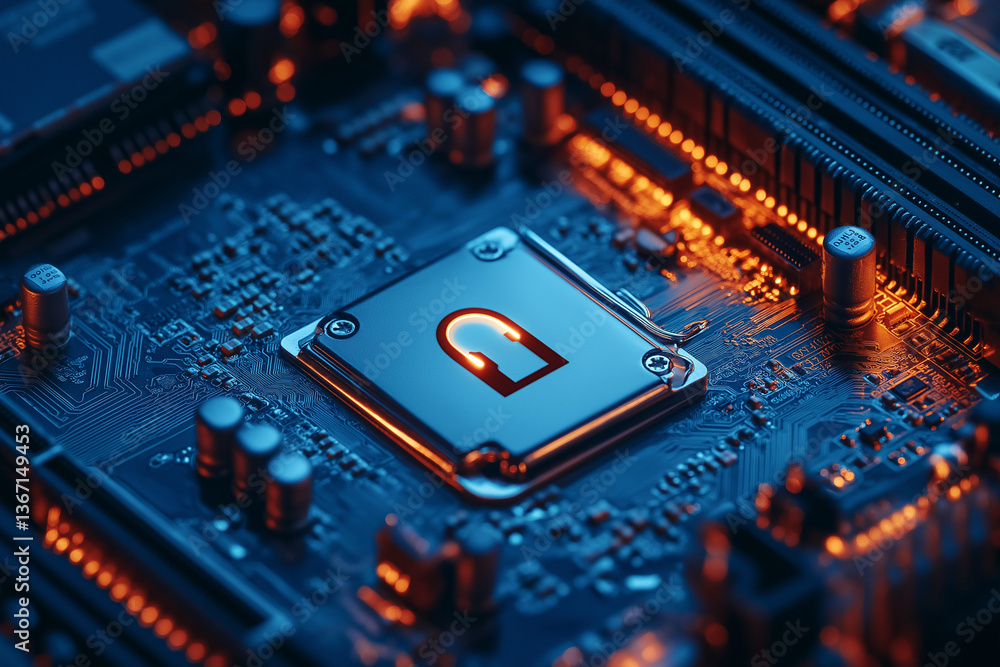 Fototapete secure connection or cybersecurity service concept of compute motherboard closeup and safety lock wi