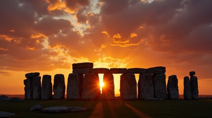 Stonehenge at sunset with sun rays through stones. Ancient prehistoric monument in England, famous historical and archaeological site