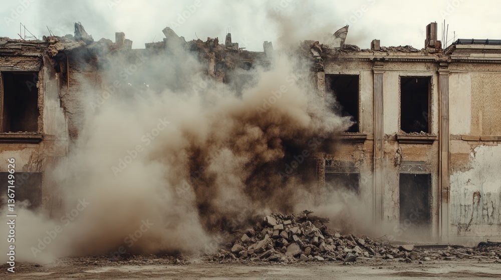 Poster Dust billows from a building as walls give way during its controlled demolition. The remains of the old structure highlight decay and neglect over time